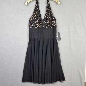 JS Boutique Dress Women's 12 Black Beaded Lace Halter Top Formal Midi Gown NWT